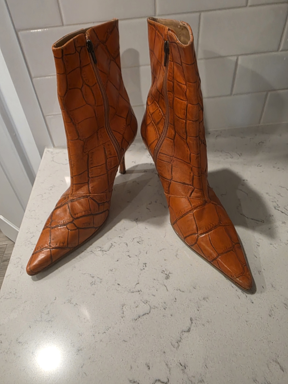 Women's Croc-Embossed Pointed Toe Ankle Boots - Orange - Picture 8 of 8